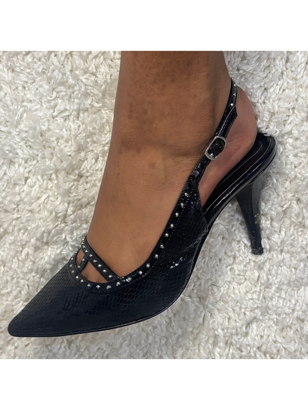 White House Black Market Black Studded Pointed Slingback Heels Size 7.5 Y2K